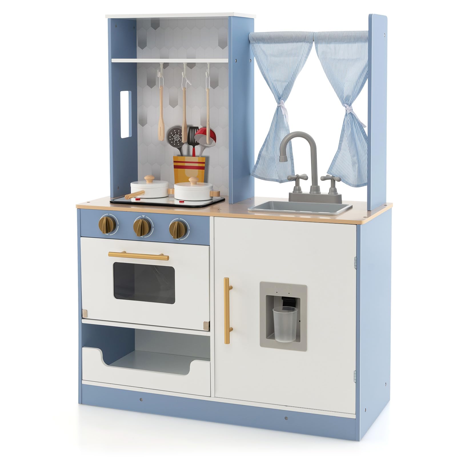 COSTWAY Kinderkeuken Hout, Speelkeuken Met Licht En Geluid Houten Keuken Hoek Met Bord, Incl. Accessoires, Speelgoedkeuken Voor Kinderen Vanaf 3 Jaar 15706557970