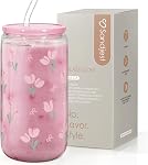 SANDJEST Floral Glass Can, Tulip Iced Coffee Aesthetic Cup, Gift for Christmas Birthday, Gifts for Women Girls, 16oz
