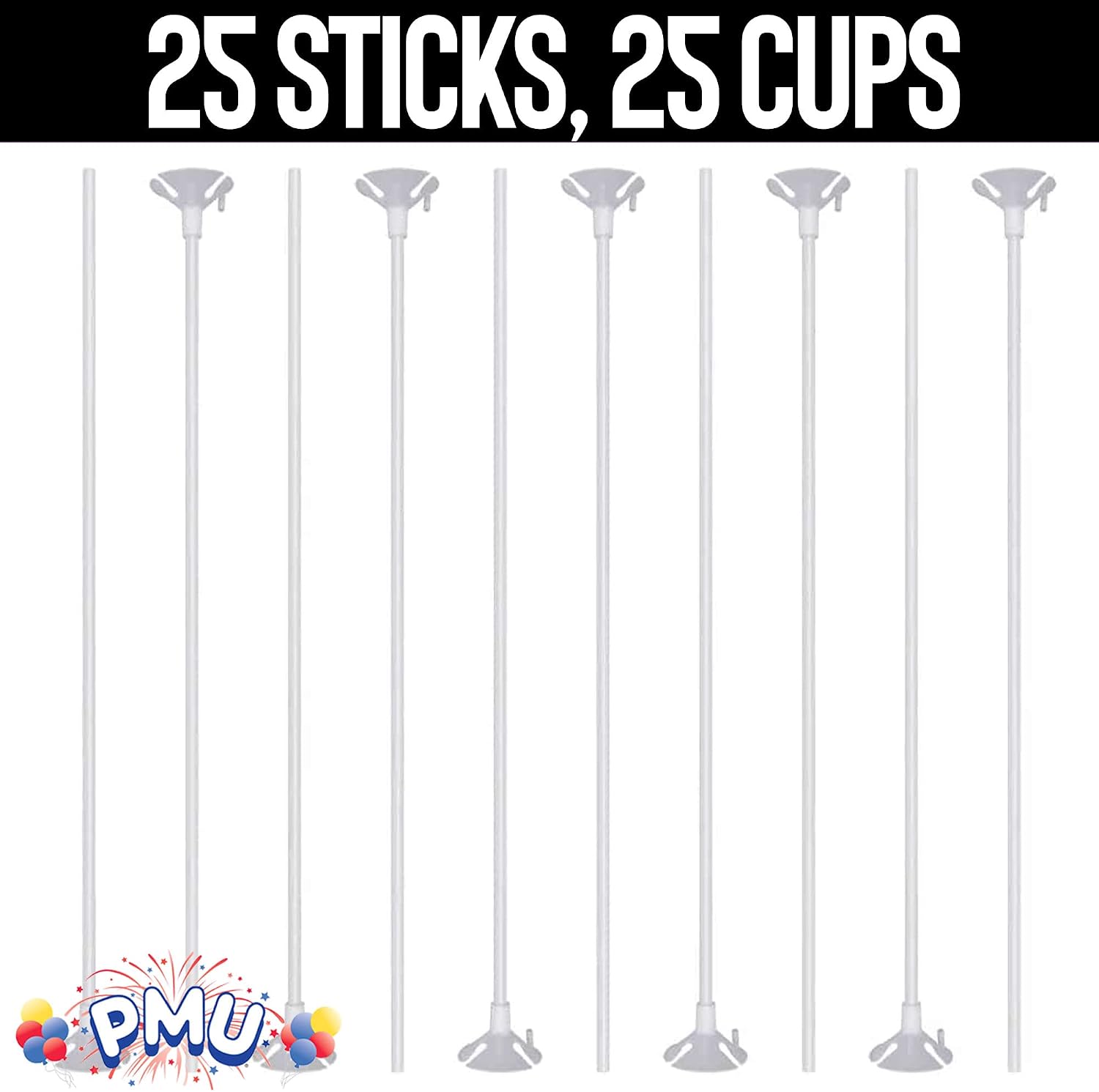 PMU Balloon Maxi Sticks 24 Inch White with Clear Maxi Cups Premium Latex/Mylar Balloon Holder for Air-Filled Balloons 25/25, Pkg/25 – Sets