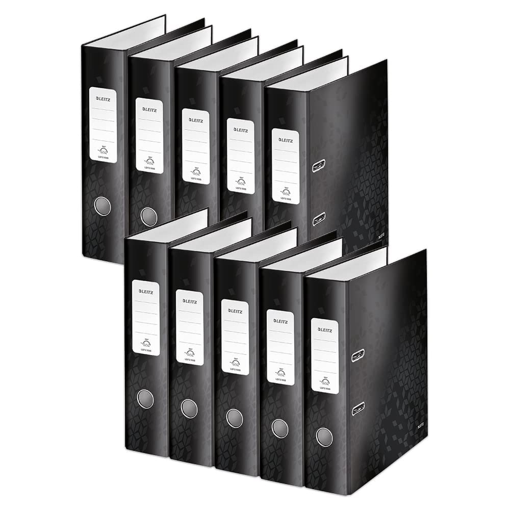 Leitz Aktenordner A4, schwarz, 80 mm Rückenbreite, WOW-Reihe, Aktenordner und Ordner, 10052095, 10 Stück, Design kann variieren