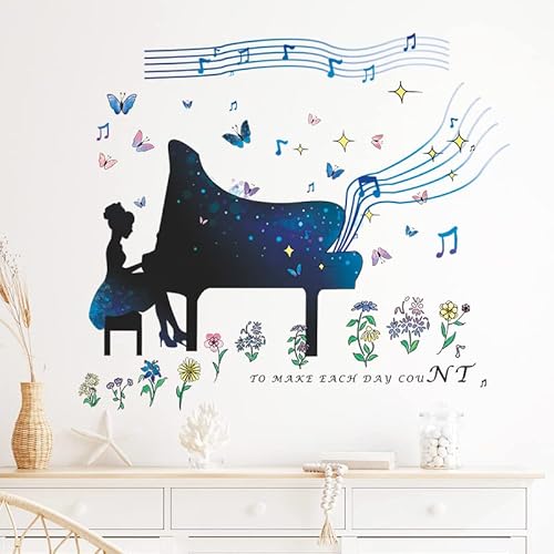 Pinenjoy Piano Girl Wall Decal Colorful Butterfly Flower Fairy Wall Sticker Dreamy Musical Note Wall Murals 41.3X32.2Inch Self-Adhesive Vinyl Wall Stickers For Bedroom Living Room Nursery Classroom Wall Decors #TOP5