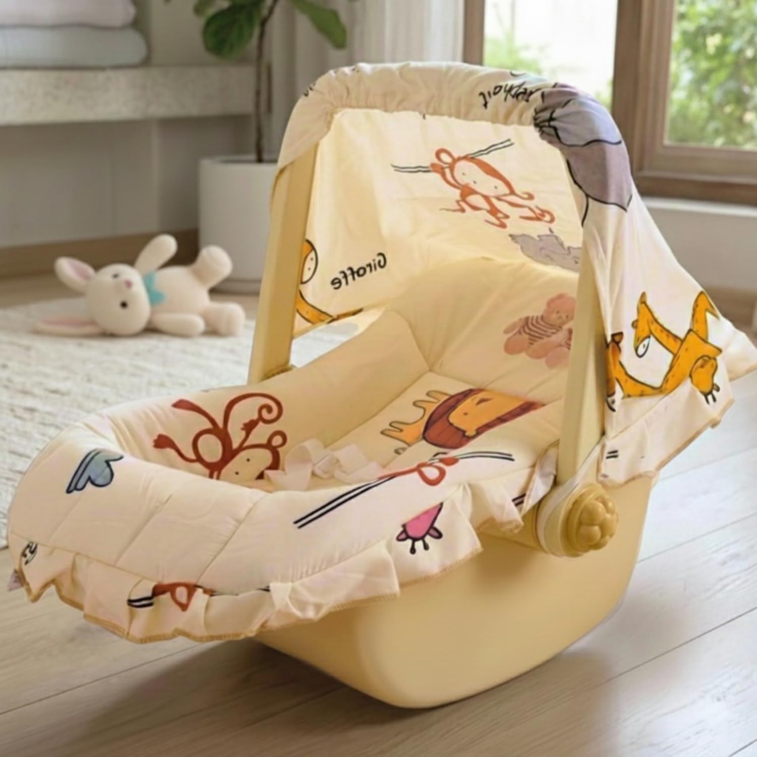 Mama Luv Mee 5 in 1 Dlx Baby Carry Cot & Rocking Chair with Adjustable Handle | Large Canopy | Safety Lap Belt | Anti-Mosquito | Double Cushioned Washable Seat (Beige) - Plastic-image-38