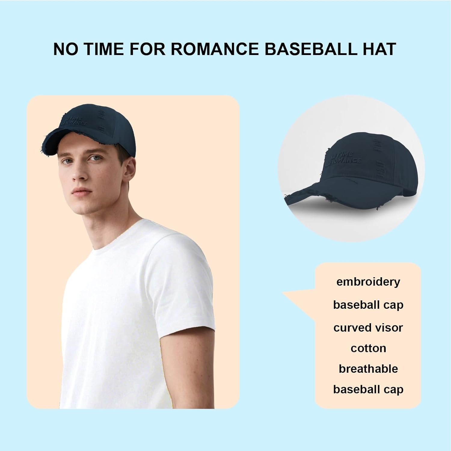 Vintage Washed Distressed Baseball Cap - 100% Cotton Adjustable Unisex Ripped Dad Hat, Relaxed Fit Streetwear - Image 3