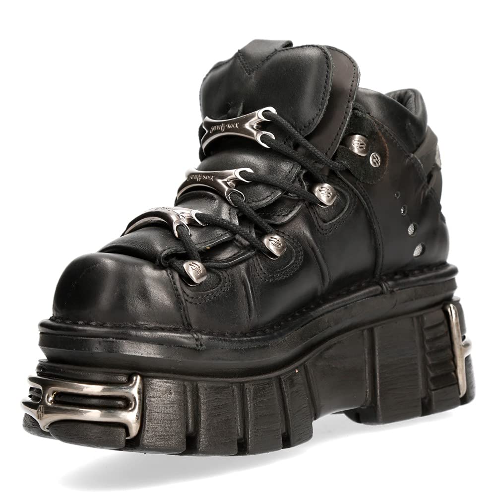 New Rock - Metallic Urban Black Shoes M.106-S112, Scarpe da uomo nere con piattaforma e decorazioni metalliche
