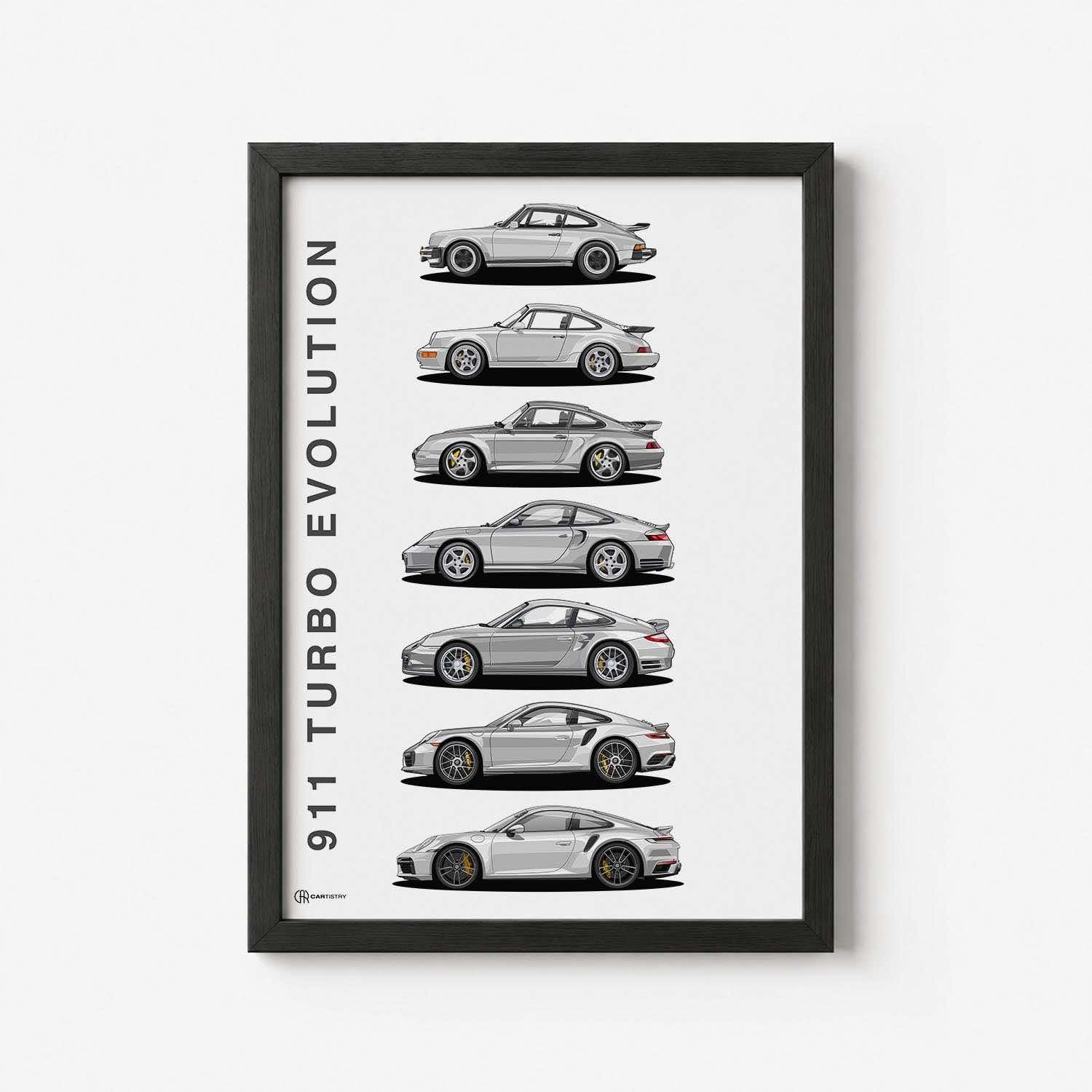 Cartistry Auto Poster 911 Turbo Generationen (70x50cm, Holzrahmen Schwarz) | Geschenk für Männer, Geschenk für Autoliebhaber