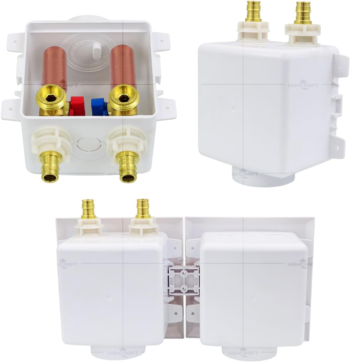 Highcraft Washing Machine Outlet Box Double Interlocking Universal Utitliy Outlet Valve Box for Ice Makers, Gas Valves, Air Admittance Valves, Wash Machine, 1/2" PEX B Connection with Hammer Arrestor