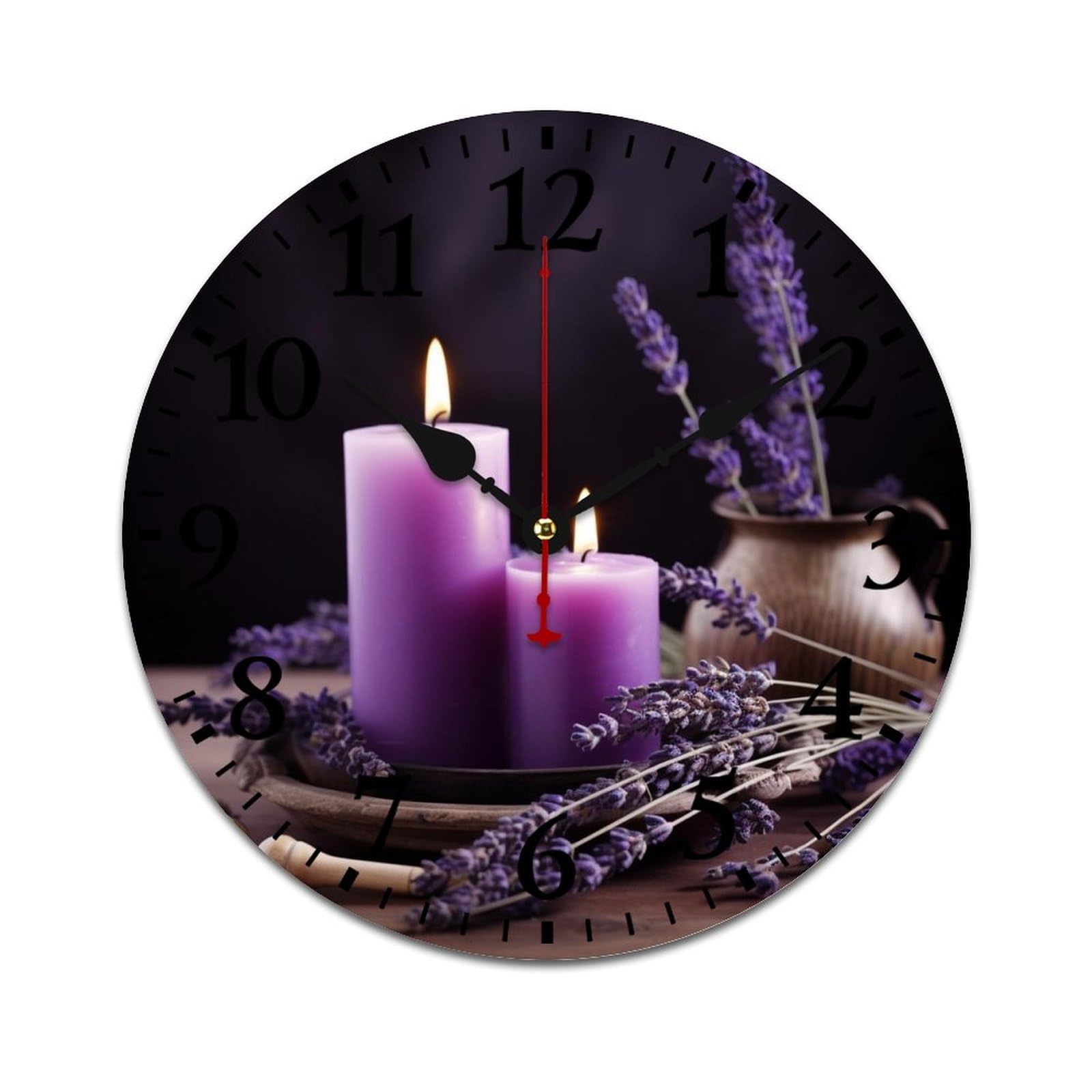 NTVOWPZO 10 Inch Wall Clock Wooden Purple Lavender with Candles Battery Operated Wall Clocks Silent Non-Ticking Square Wall Clock for Living Room Kitchen Home Office Wall Decorative Clocks