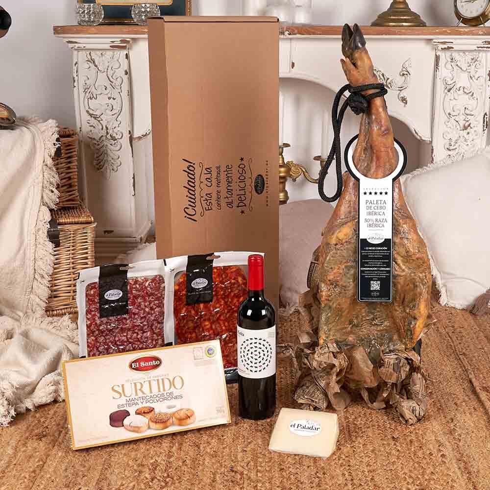 CESTA DE NAVIDAD IBÉRICA - LOTE PALETA 510-25 / con paleta ibérica selección 5 kg, vino Mesta Tempranillo, queso curado, embutidos ibéricos y polvorones en caja regalo