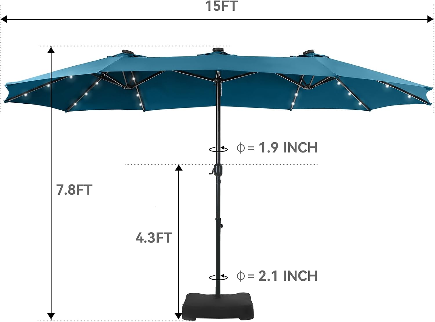 GREEN PARTY 15 ft Large Outdoor Patio Umbrella with Solar Led Lights & Base Included, Double-Sided Rectangular Table Umbrella with Stand, Market Umbrellas for Deck Poolside Garden Backyard, Cerulean