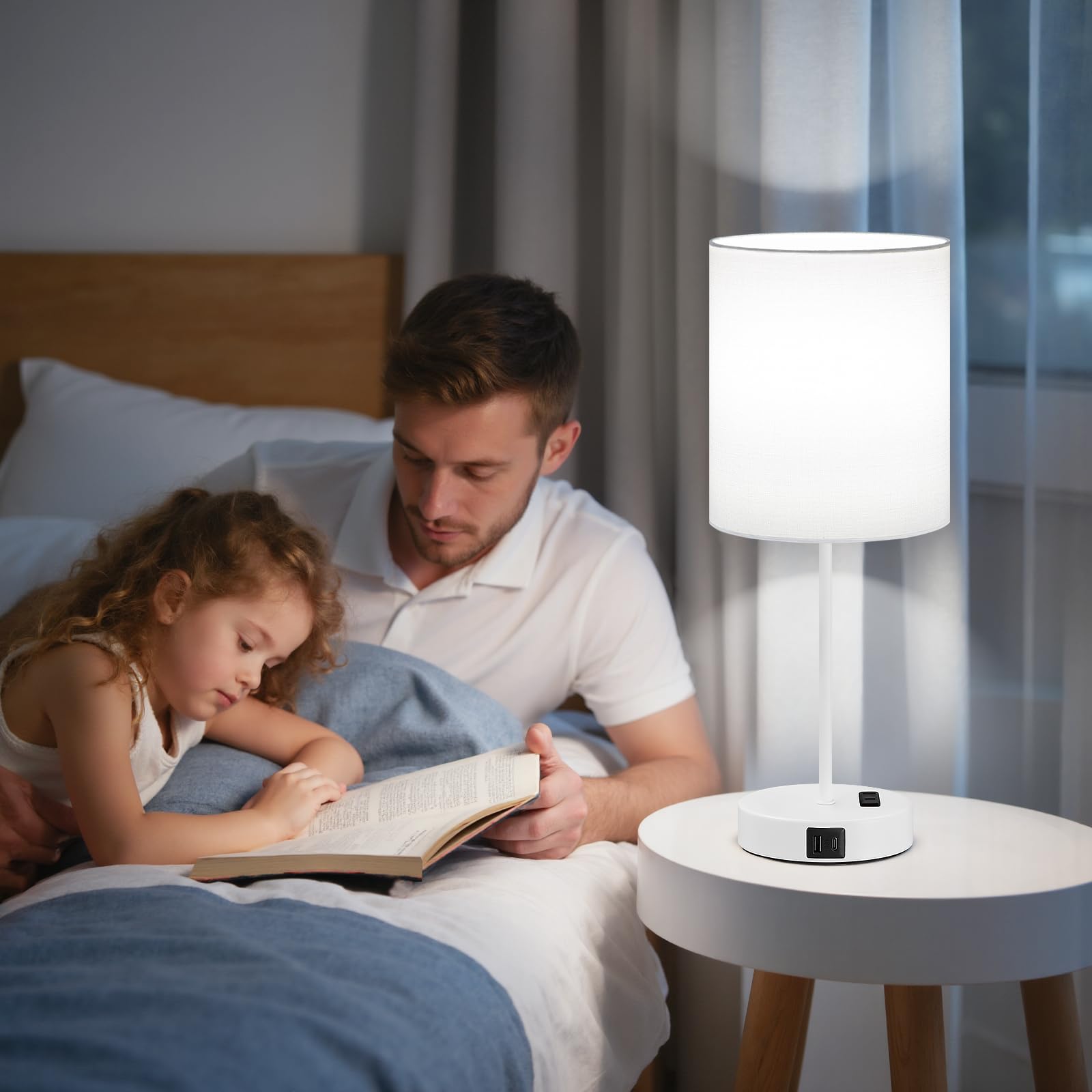 White Touch Lampen für Nachttisch 2er Set - Nachttischlampe für Schlafzimmer mit Dual-USB-Anschlüssen & AC-Steckdose, 3-Wege-Dimmbare Lampen für Wohnzimmer Jungenzimmer, Nachtlicht mit 5000K