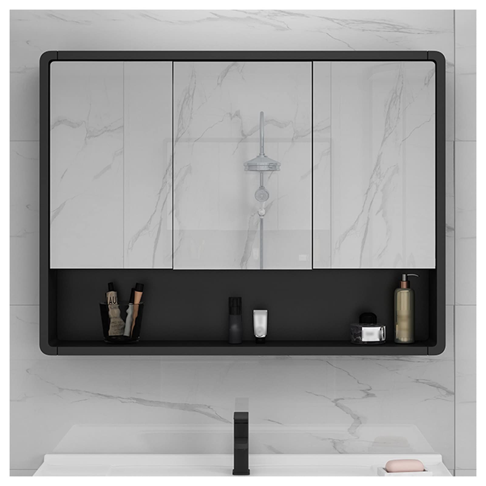 Makeup Mirror Rectangular Dressing Mirror Storage Triple Doors Mirror Cabinet Surface Mount Bathroom Hanging Cabinet (Color : Black, Size : 110cm)