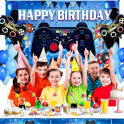 Video Game Birthday Decorations Set, 58 Pieces Gamer Party Supplies With Happy Birthday Banner, Gaming Table Covers, Multi-Color Balloons And Foil Gamer Balloons, Game On Level Up Birthday Party Decorations Supplies For Boys #TOP3