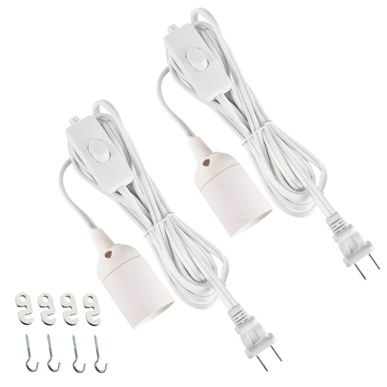 Simple Deluxe HILAMPCORDLX2V1 15ft Extension Hanging Lantern Pendant Light Lamp Cord Cable E26/E27 Socket (No Bulb Included) On/Off Switch, 2 Pack-15 Feet, White