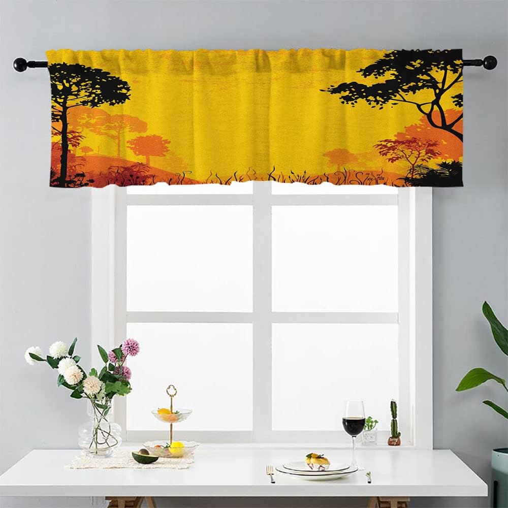 Valance, Woodland Window Curtain, Woodland at Sunset of Hills Forest Trees Grass, 50" W x 18" L, Kitchen Windows Bathroom Bedroom, Yellow Black