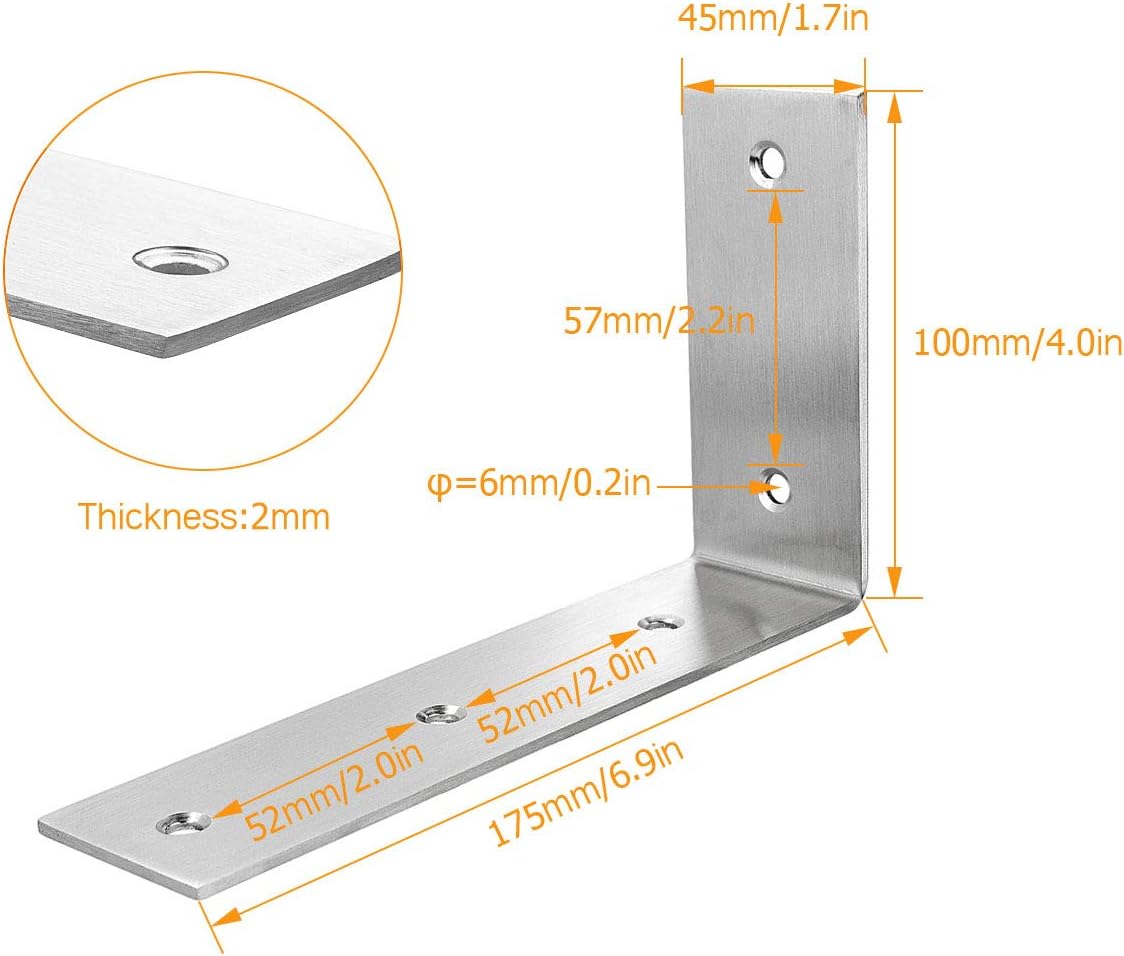 4 PCS L Shelf Brackets 6.9Inch, Stainless Steel 6.9x4 Inch Heavy Duty L Shape Corner Brace, Sliver Floating Shelves Bracket for Hanging DIY Shelving or Bookshelf, 3mm Thick Angle Joint Bracket Fastene