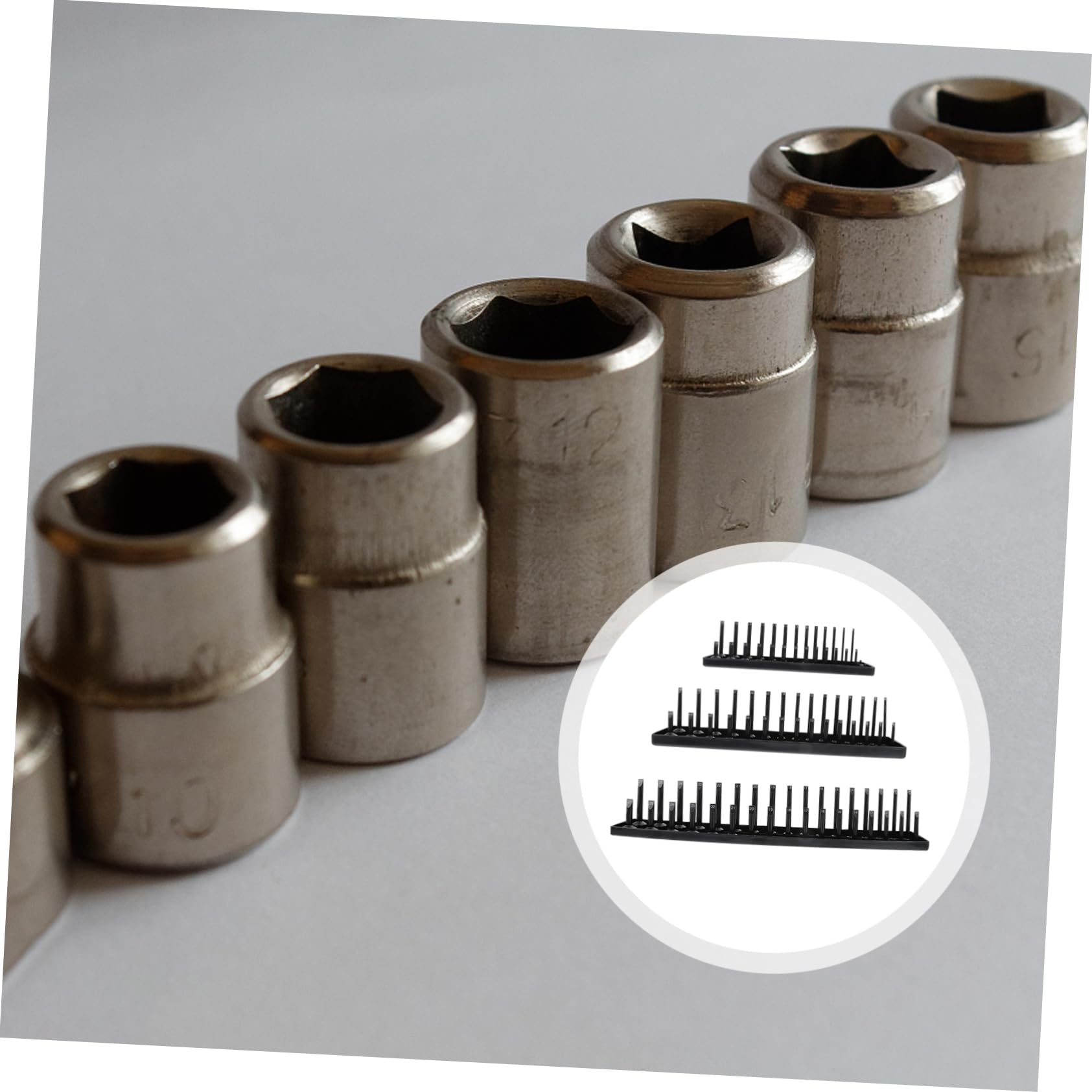 KALLORY 3Pcs Metric Socket Storage Tray Heavy Duty Organizer for Deep Sockets Measurement Labels for Garage Workbench Storage