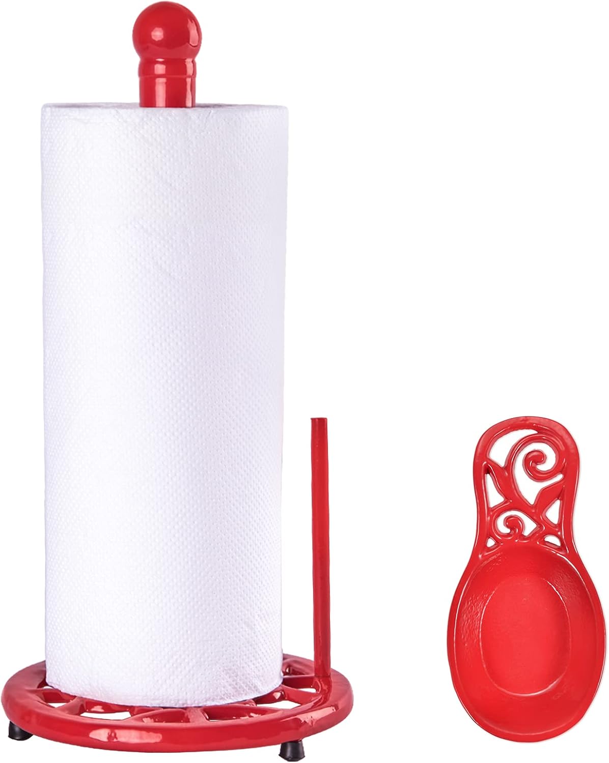 JOGREFUL Decorative Paper Towel Holder Stand and Vintage Cast Iron Spoon Rest for Stove Top Kitchen Countertop Home Decor, Red