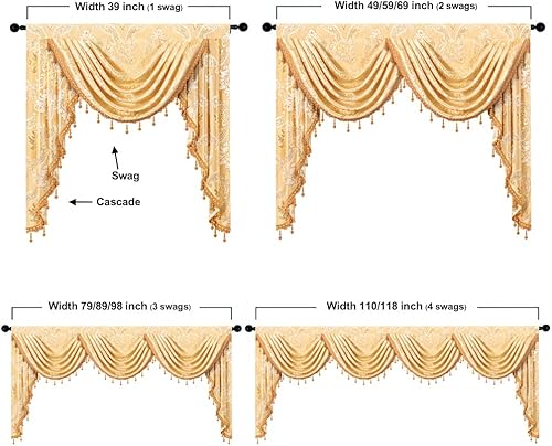 Miniatura 6 de ELKCA Cenefa de cascada de jacquard dorado de damasco para cocina, sala de estar, cenefa con bolsillo para barra para ventana pequeña, 39 pulgadas,