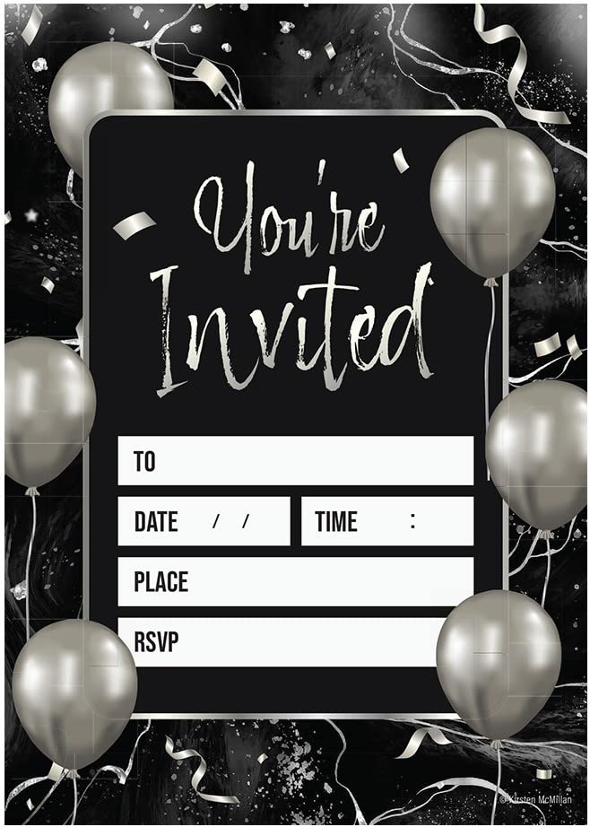 Kirsten McMillan 32 Black Silver Balloons Party Invites - Party Invitations Adult - A6 Birthday Party Invitations with Envelopes  Designed and Printed in the UK