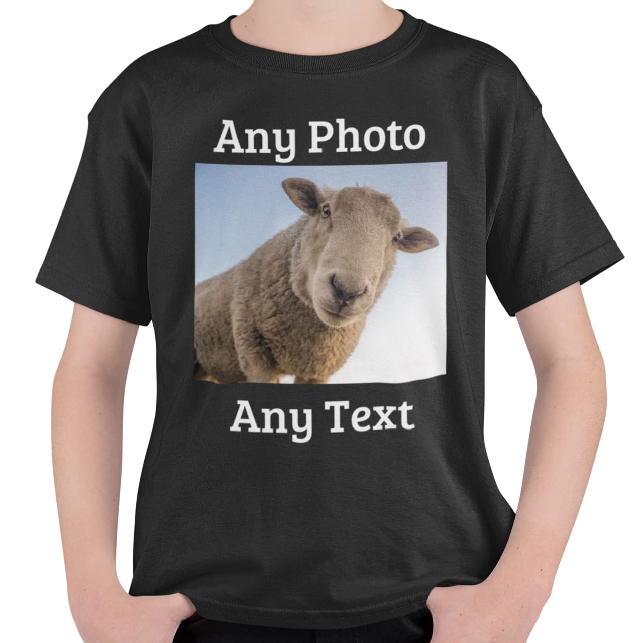 Yourdesign Unisex Kids Black Personalised Kids T Shirt In - Add Your Photo And Text To Customise - 100% Soft Cotton - Sizes 3/4-12-14