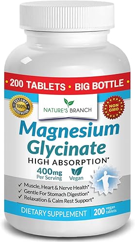 Glicinato de magnesio 400 mg - 200 tabletas - Alta absorción, suplemento Mag de bisglicinato no tamponado para dormir, calambres en las piernas,