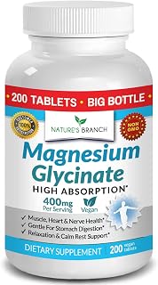 Magnesium Glycinate 400 mg - 200 Tablets - High Absorption, Non Buffered Bisglycinate Mag Supplement for Sleep, Leg Cramps, Heart, Ease Muscles, Calm Headaches for Women and Men, Non Powder Capsules