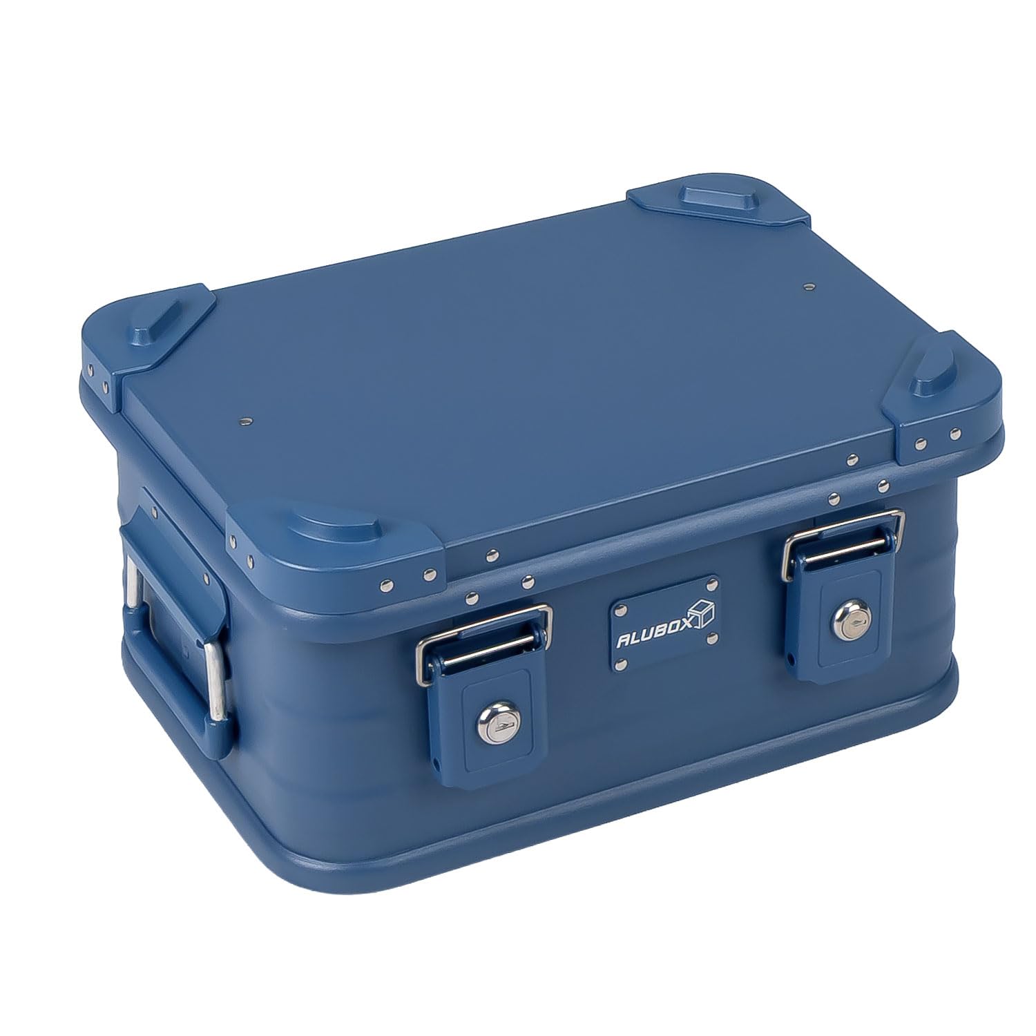 Alubox Alukiste abschließbar E18-BLUE - Premium Aluminium Werkzeugtruhe 18 Liter - Deckel mit Aluminium Druckguss Stapelecken und Gummidichtung - inklusive Schlösser - pulverbeschichtet blau