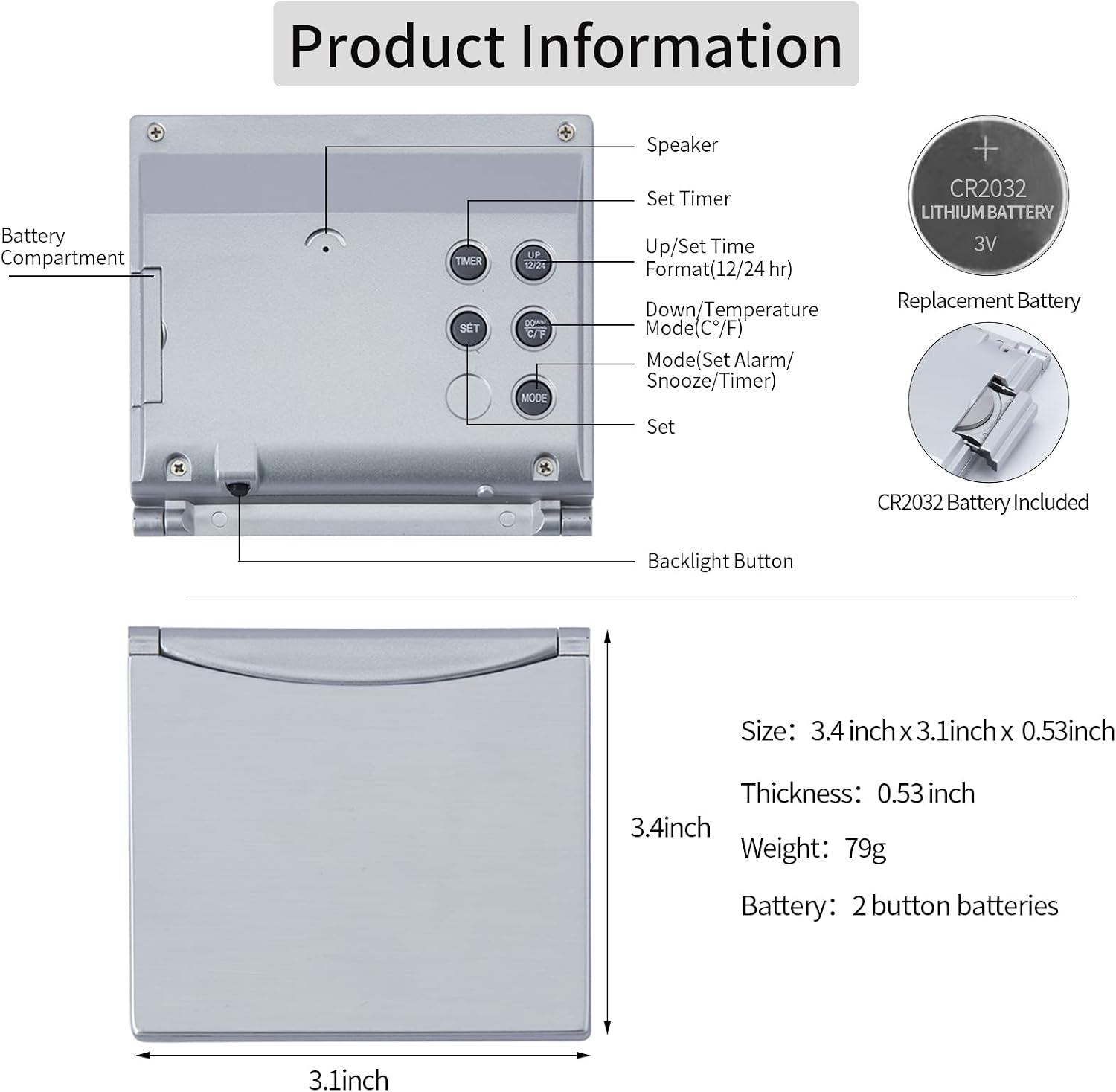 Diagram of the KANBIT Digital Travel Alarm Clock's back panel with button labels and dimensions.