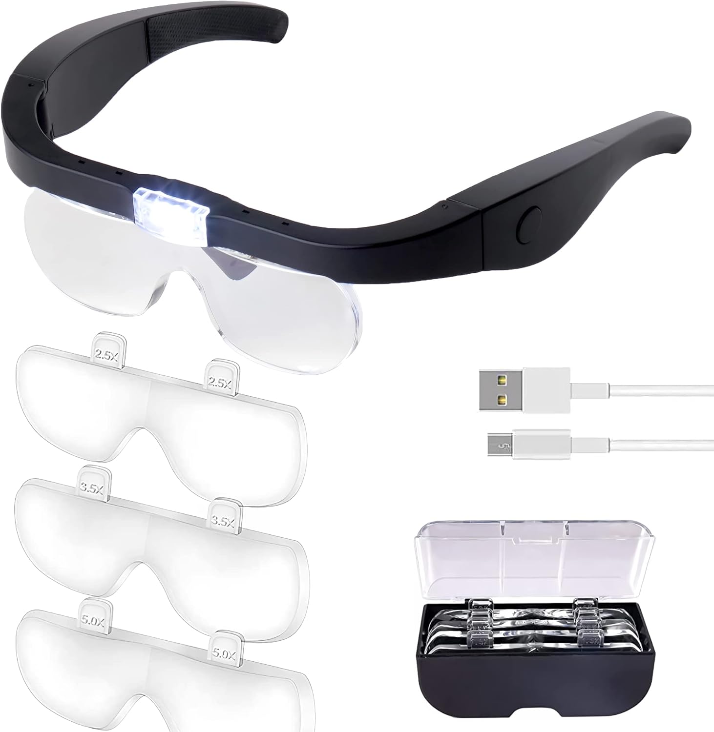 rechargeable magnifying glasses with light, hands-free headset for jewelers, eyelash extensions, watch repair, cross stitch, and close work