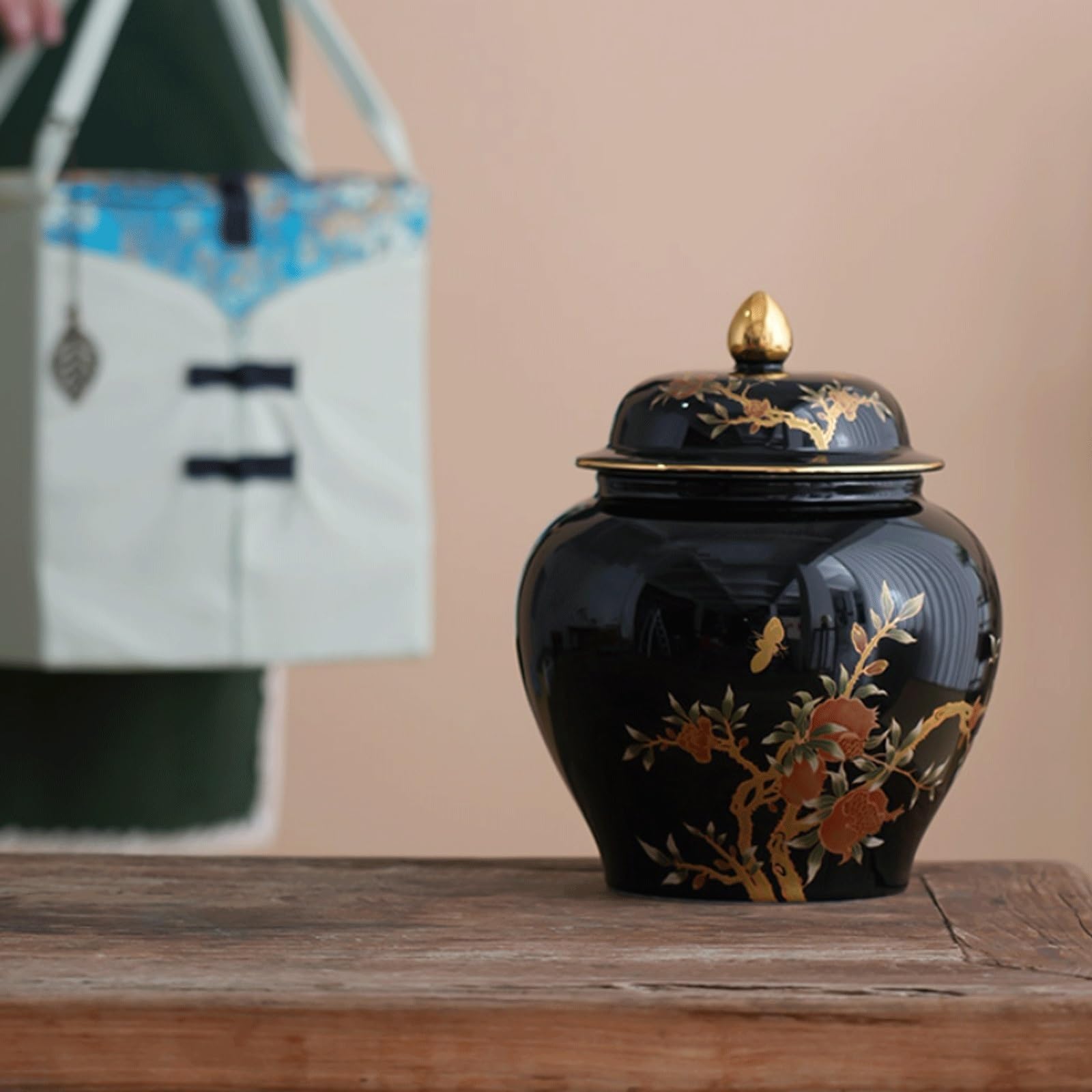 EYPKPL Glasierte Keramik-Ingwerdose mit Deckel, Chinoiserie-Porzellan, Pfirsich-Druck, Vorratsdose, Blumenvase, dekorative Teedose, Klassische Tempeldose(Bleu,M)