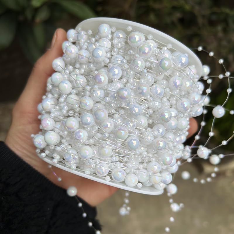 Christmas Beads Garland Decoration, 99 Ft Artificial Pearls Garland Chain, Porcelain White Illusion Pearl Strands Chain, for Winter Christmas Tree Holiday Wedding DIY Decoration Supplies