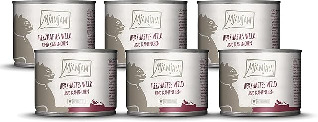 MjAMjAM - premium wet food for cats - hearty game & rabbit with fruity blueberries, pack of 6 (6 x 200 g), grain-free with extra meat