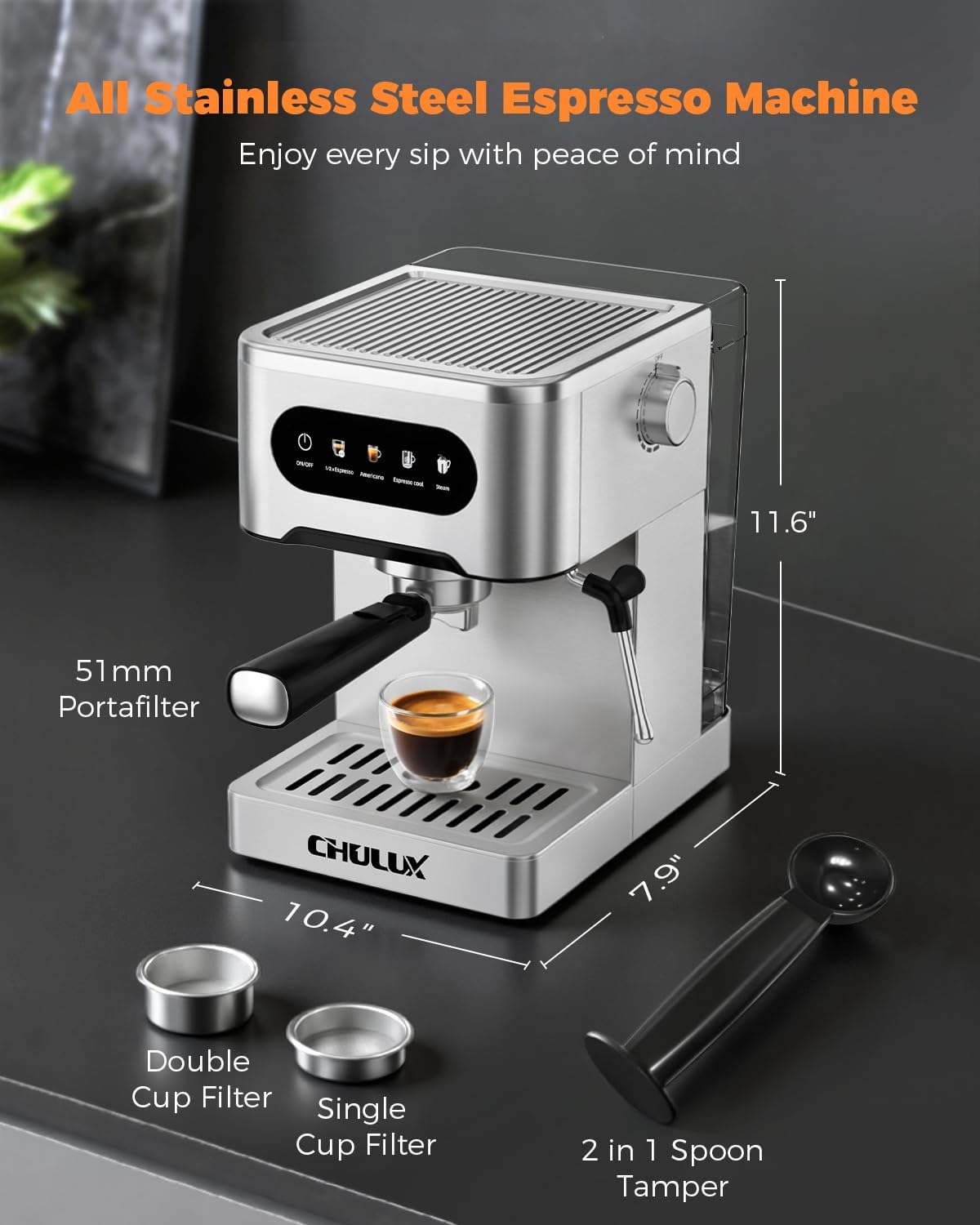 CHULUX Cold Brew Espresso Machine, 20 Bar Stainless Steel Touchscreen Cappuccino & Latte Machine with Steam Wand for Home