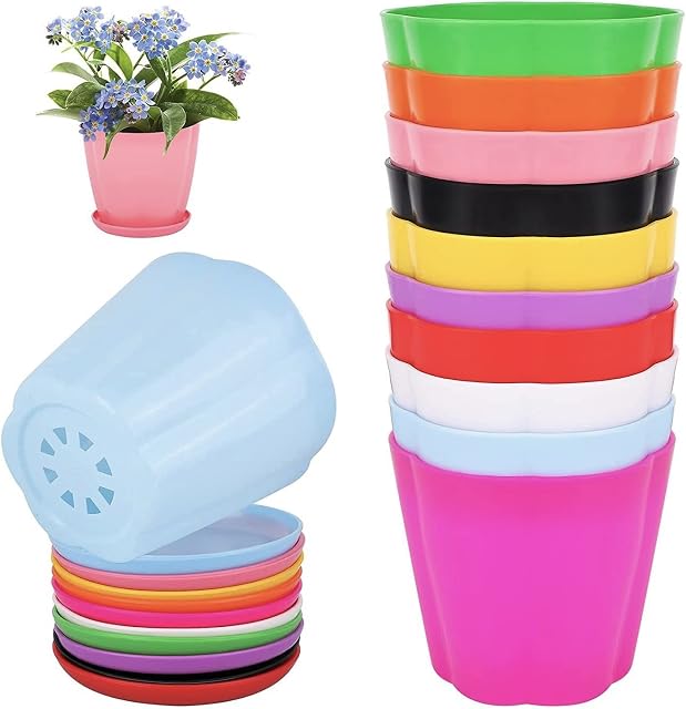 LATERN 10Pcs Plastic Plant Pots, 11cm Colorful Flower Pots Indoor Plant Pots Seedling Nursery Planter with Saucers for Garden Office Desk Balcony Decor (10 Colors, Flower Shape)