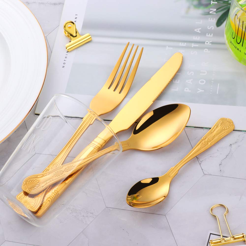 Buyer Star Kings - Set di posate da 24 pezzi, in acciaio inox color oro, posate da tavola, coltelli forchette cucchiaini servizio per 6 articoli da tavola a specchio