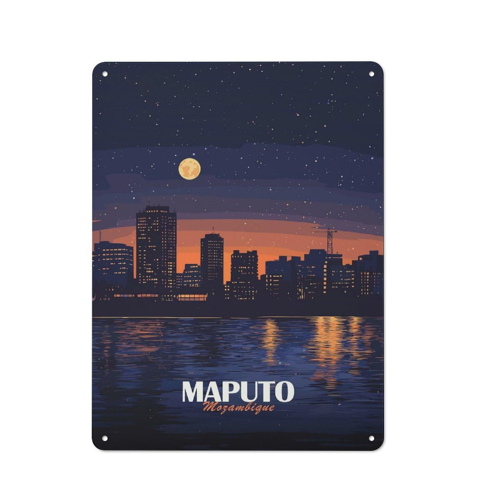 Junmoney Style-12 Vintage Tin Sign 40X30cm With Maputo, Mozambique Cityscape At Night For Living Room Or Hallway, For Vintage Wall Decor Fans, For Metal Sign Collectors