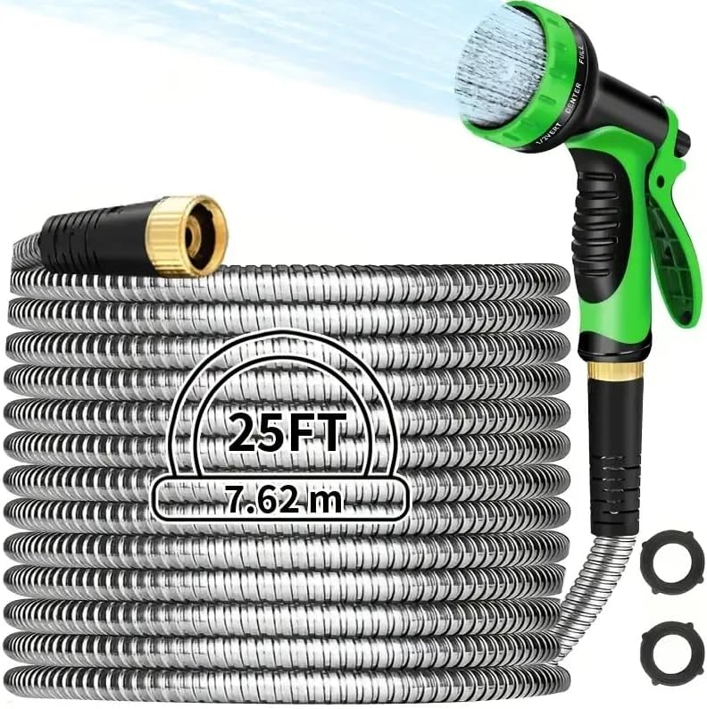 Metal Expandable Garden Hose 10 Function Nozzle - Flexible and kink-free hose for car washing, floor cleaning, watering, and gardening. (50FT Green)