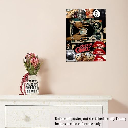 Miniatura 5 de Lienzo retro de collage de cultura pop, arte de pared, diseño de leopardo, bola de discoteca, coca de cereza, pósteres con disco de vinilo y uñas