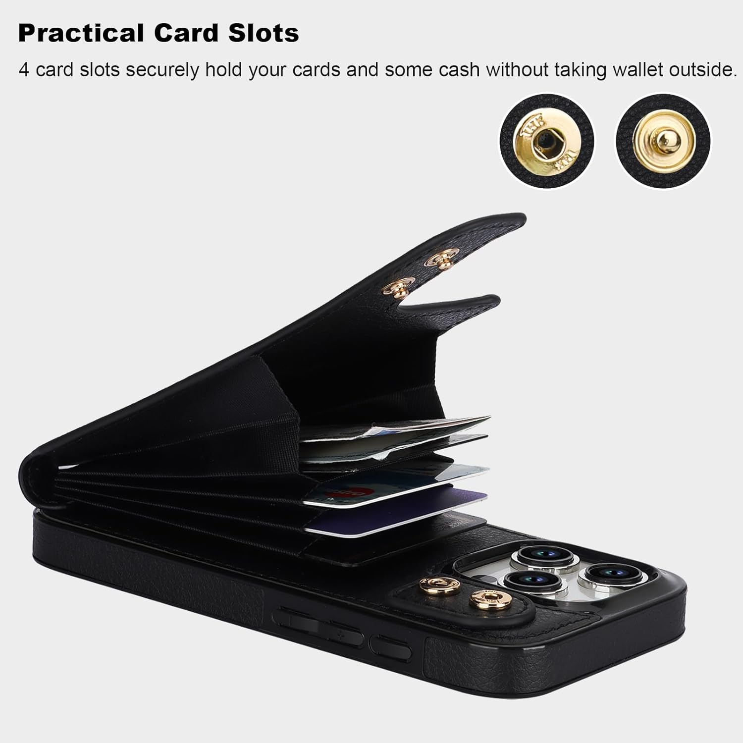 Folosu Compatible with iPhone 15 Pro Case Wallet with Card Holder, 360°Rotation Finger Ring Holder Kickstand, RFID Blocking Leather Protective Double Buttons Shockproof Cover 6.1 Inch Black - Image 4