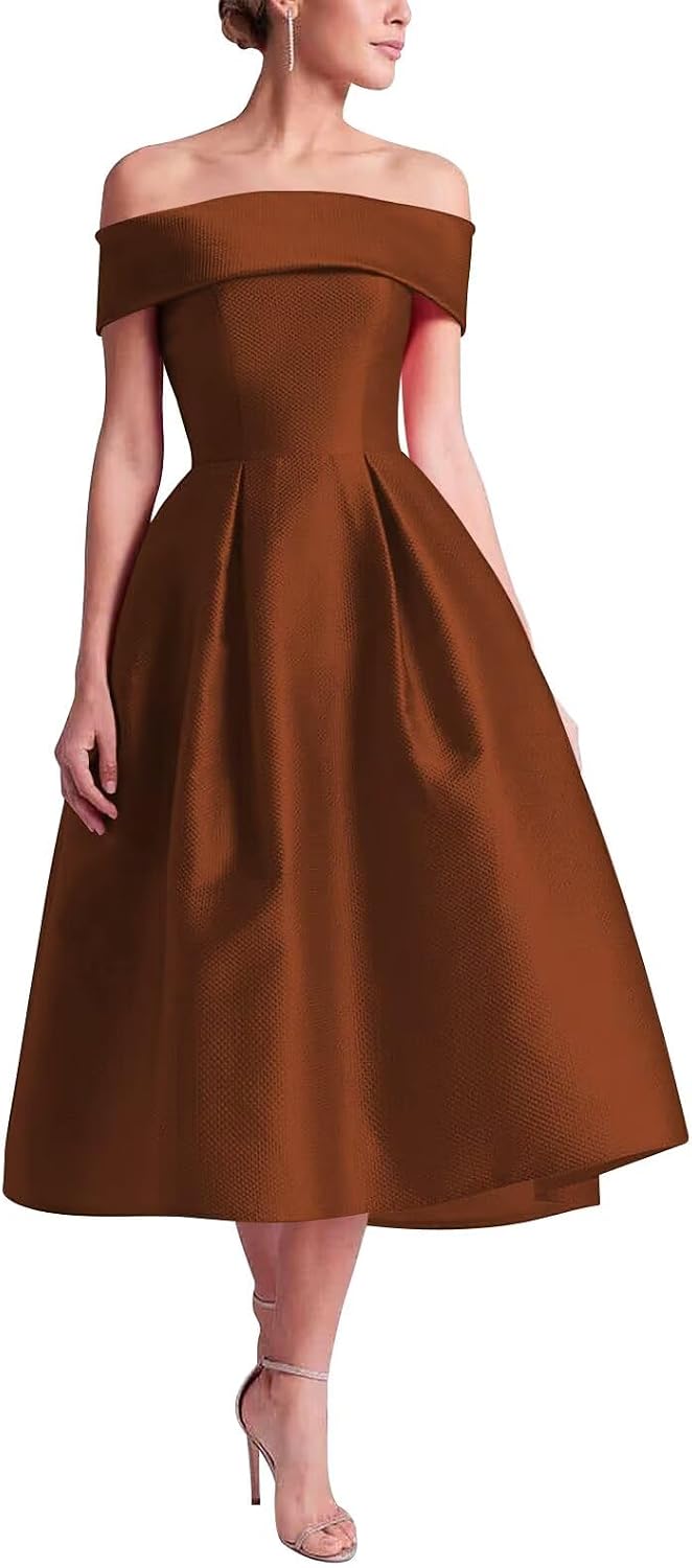 Satin Mother of The Bride Dresses for Women Off Shoulder A Line Evening Gown Tea Length Wedding Guest Dress