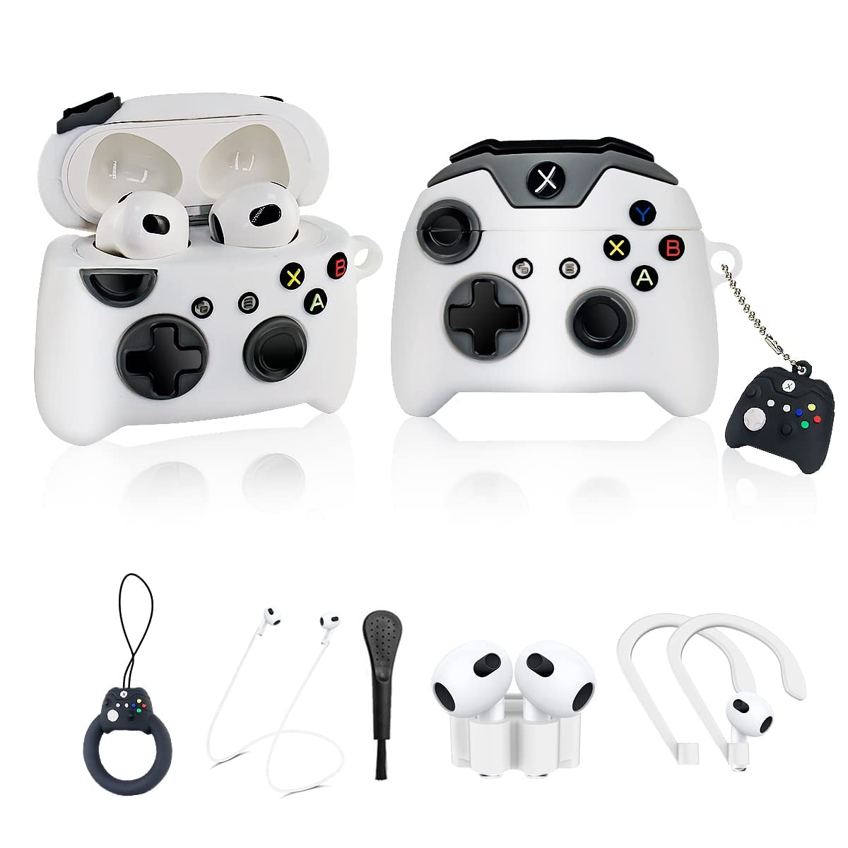 Cool Cover for Airpods 3 Case, 8in1 Accessories Set Protective Airpods 3rd Cover, Unique Fashion Funny Cute 3D Cartoon Game Controller AirPods 3 Silicone Case Cover for Boys Girls Men (White)