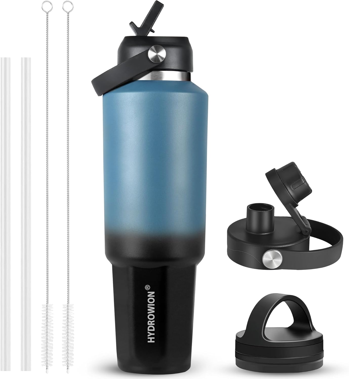 HYDROWION 32 oz Insulated Water Bottle, Car Water Bottle Holder - Double Wall Vacuum Insulated Travel Bottle with Straw Lid, Spout Lid and Flex Cap - Cold for 24H, Hot for 12H, Blue - Black BJ-DB 32 Ounces