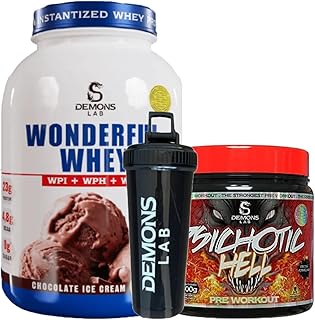 KIT/COMBO PRÉ TREINO PSYCHOTIC HELL + WHEY WONDERFUL 900G + COQUETELEIRA - DEMONS LAB