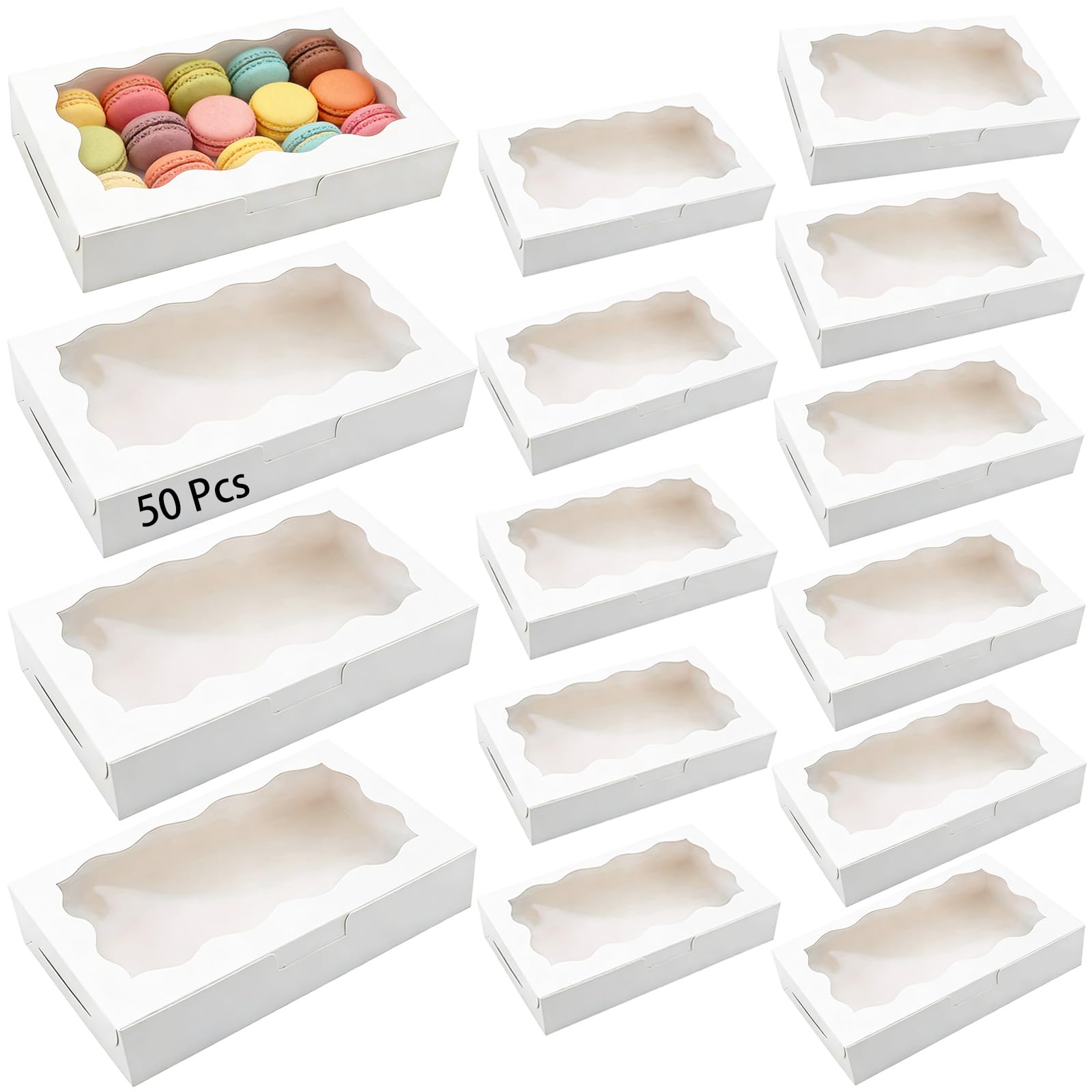 50 Stück weiße Keksschachteln mit Sichtfenster, 18 x 11 x 4 cm Bäckerei-Verpackungen, Einweg-Gebäckschachteln für Kuchen, Desserts, Kekse, Muffins, Geschenke, Backwaren