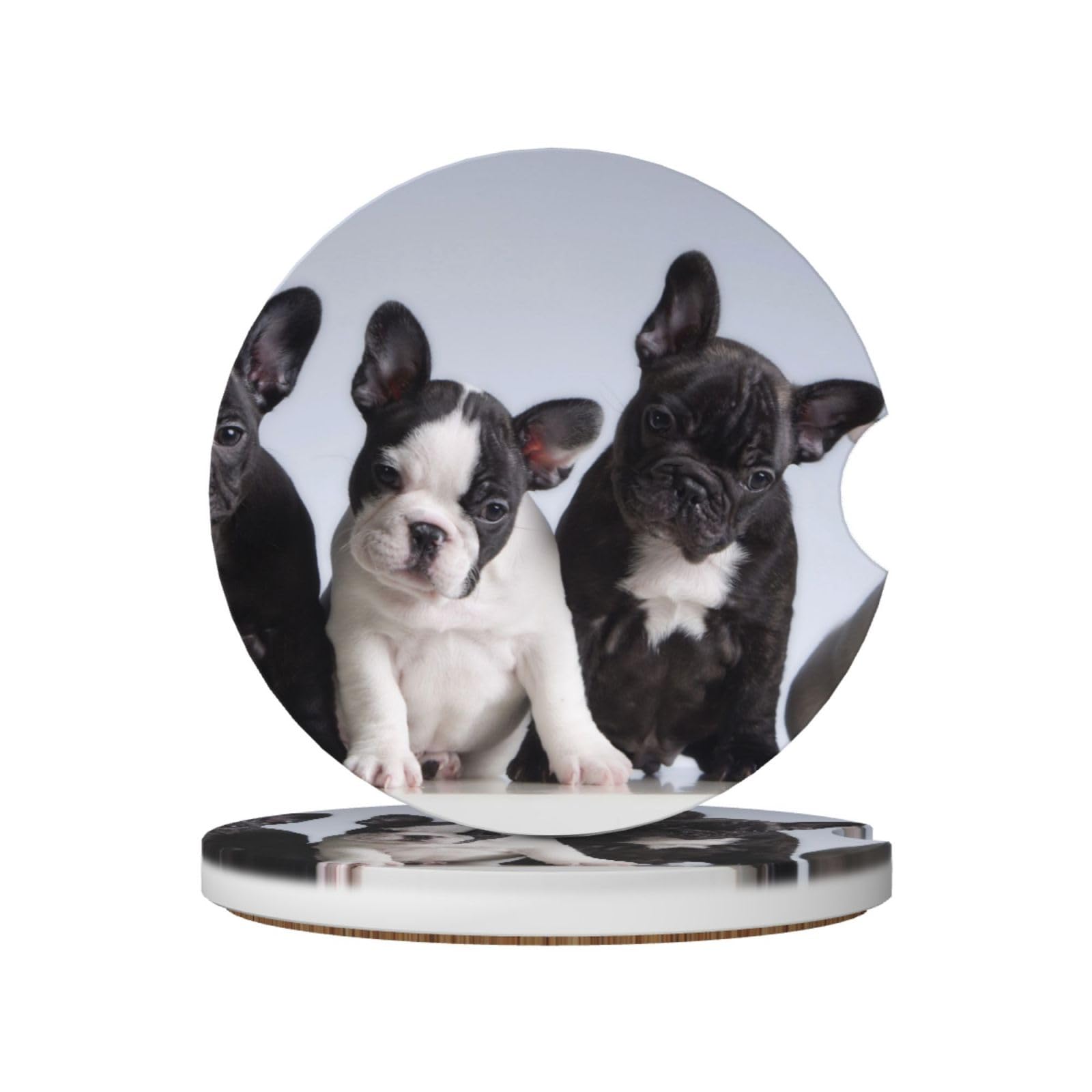 Cute French Bulldog Puppies, Car Cup Holder Coasters 2 Pack, Absorbent Ceramic Car Coasters with Non Slip Cork Base