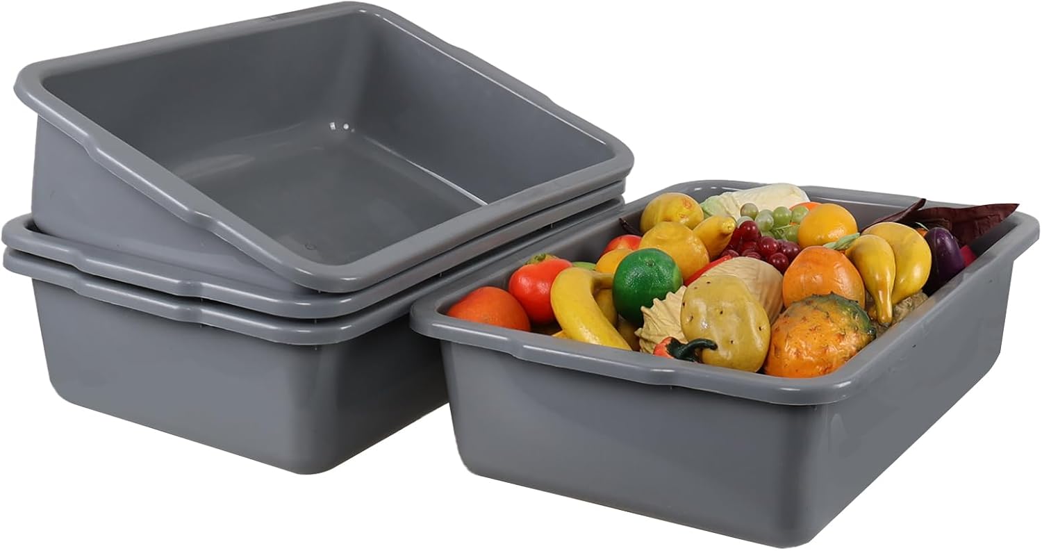 4-Pack 32 L Commercial Bus Tubs, Restaurant Plastic Bus Box, Grey
