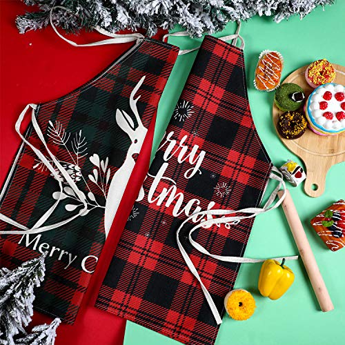 2 Pieces Christmas Aprons Buffalo Plaid Check Apron Adjustable Fabric Red Retro Gingham Elk Apron For Christmas Party Cooking Kitchen Baking, 2 Styles #TOP3