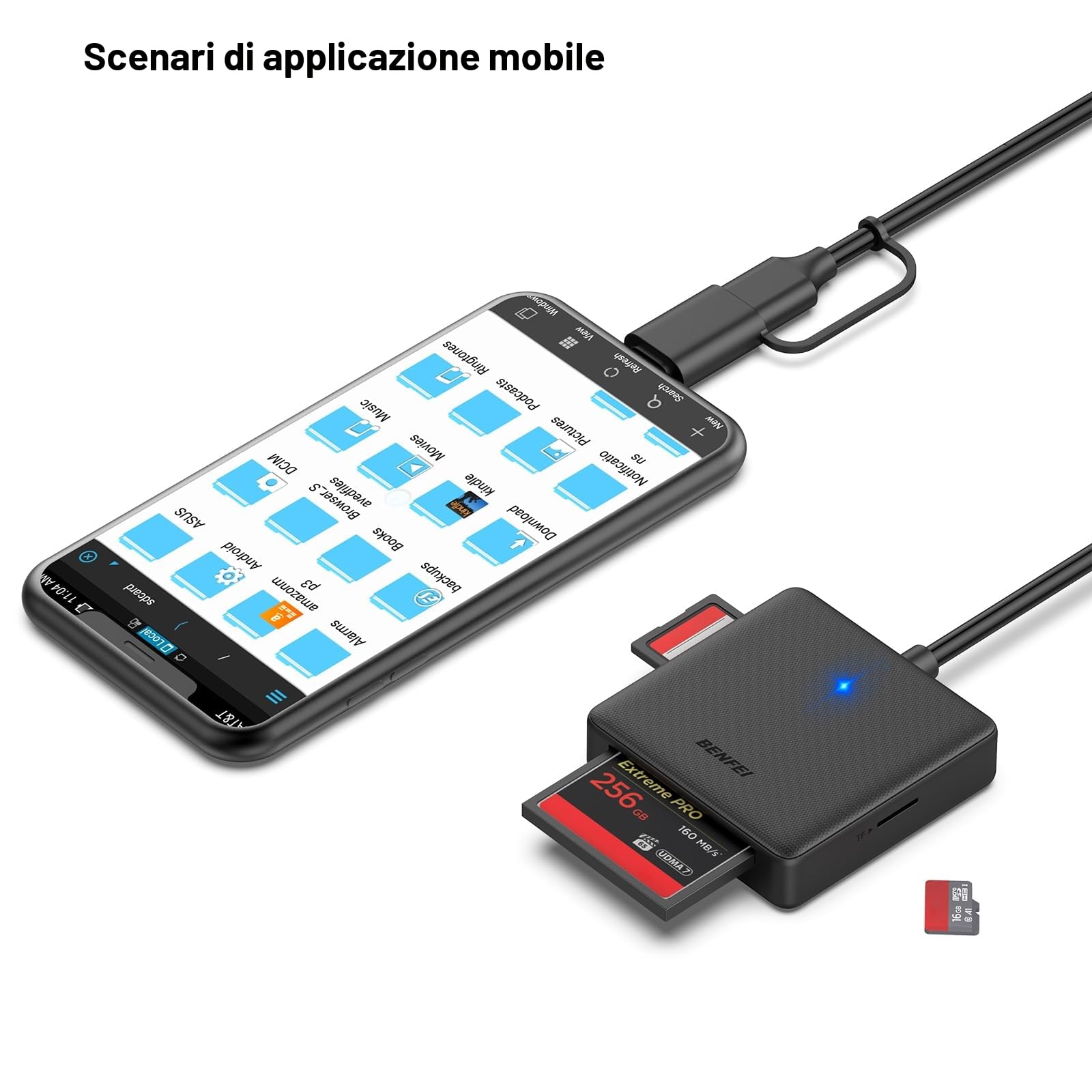 Lettore di schede di memoria, BENFEI 4 in 1 USB 3.0 e USB-C a SD Micro SD MS CF Card Reader Adapter, 4 schede contemporaneamente lettura e scrittura, compatibile con iPhone serie 15, MacBook Pro/Air