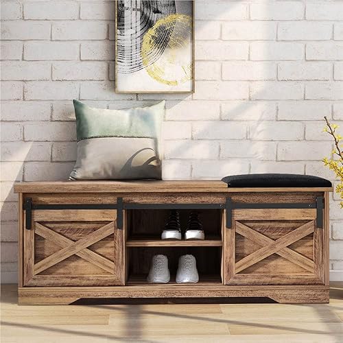 SAINTCY Banco de zapatos de entrada con almacenamiento, armario de zapatos marrón con puerta corrediza de granero, banco de almacenamiento interior