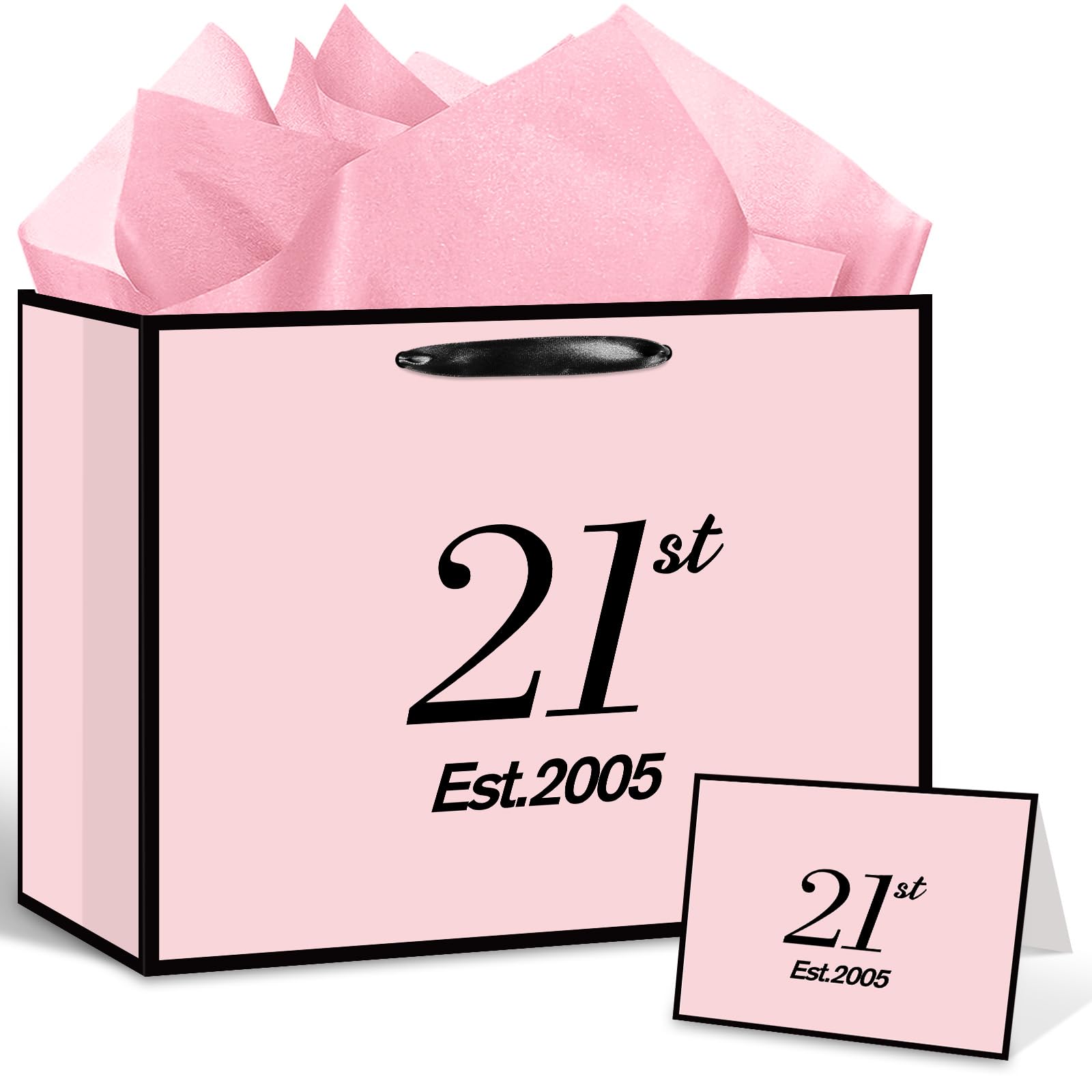 12'' Large Est 2005 21st Birthday Gift Bag for Her Pink Black 21st Present Bag with Wrapping Tissue Paper Card Happy Twenty One Birthday Party Favours Supplies for Daughter Friend Sister